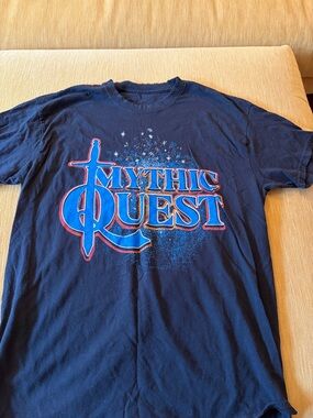 Mythic Quest distressed look black T shirt